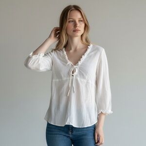 American Eagle White Peasant Tie-Front Blouse